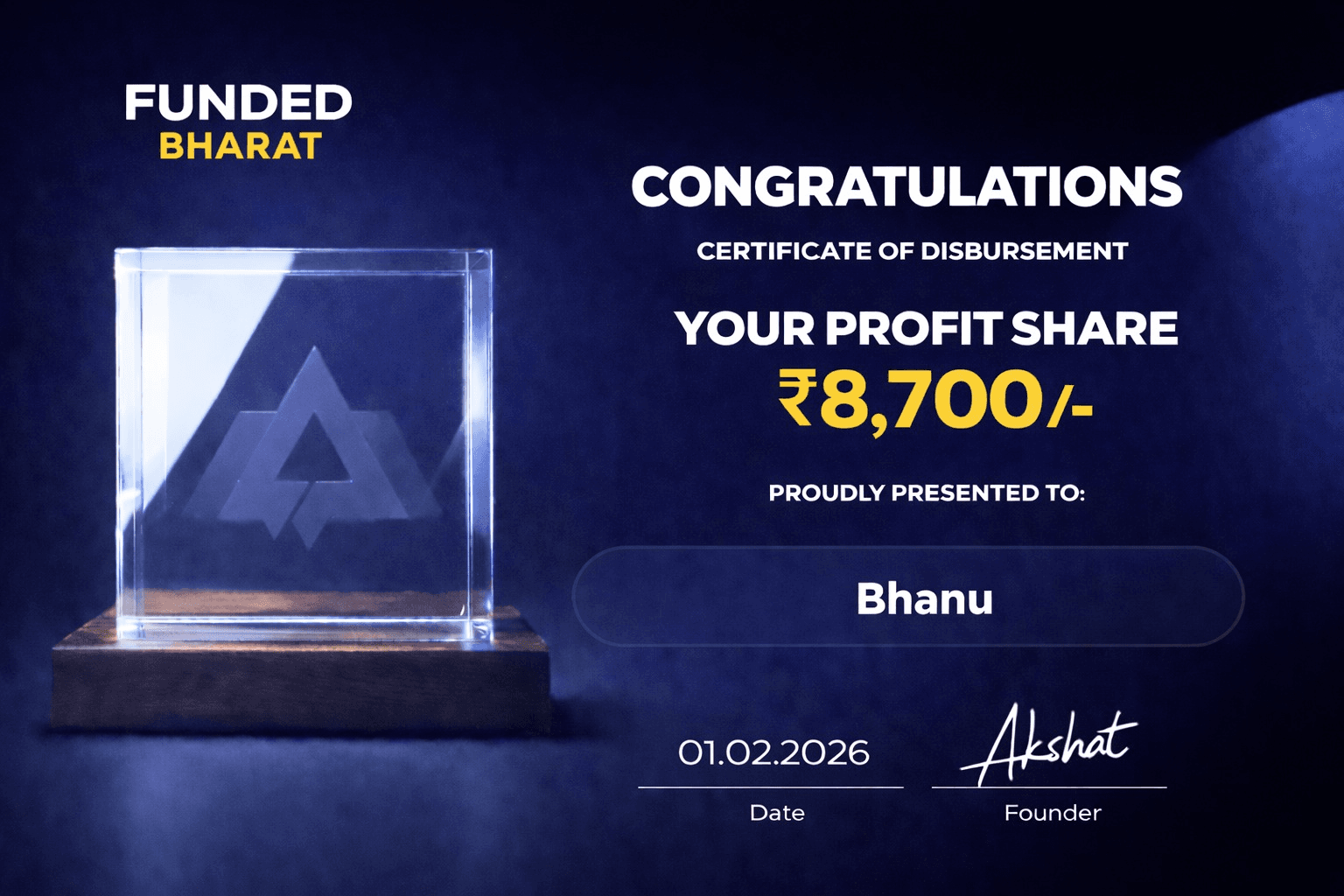 Payout certificate for Bhanu